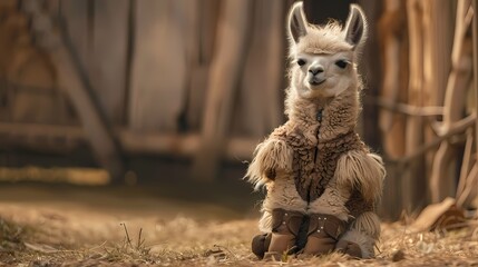 Wall Mural - A baby llama in a fluffy vest and matching boots, looking curious