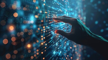 Fototapete - Businessman hand touching of digital data network transformation for next generation technology on cyberspace, Internet network and digital software development, Algorithm, Metaverse and data science.