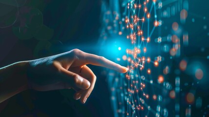 Fototapete - Businessman hand touching of digital data network transformation for next generation technology on cyberspace, Internet network and digital software development, Algorithm, Metaverse and data science.