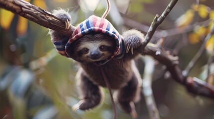 Wall Mural - A baby sloth in a striped hoodie, hanging upside down from a branch