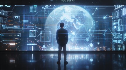 Fototapete - Businessman presenting futuristic business world metaverse graphic. In the form of innovation in digital business processing technology,