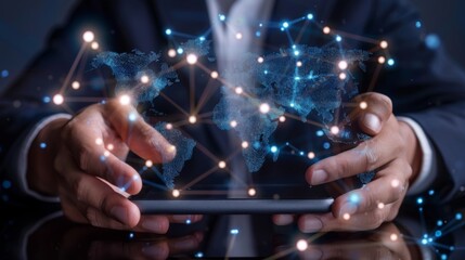 Aufkleber - Businessman touching smartphone for analyze stock at logistics port and world map and online goods orders