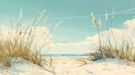 Wall Mural - Sand Dunes With Tall Grass Waving In The Wind, Leading To The Ocean, Cartoon ,Flat color