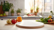 © vectorhot - Kitchen table with a white round empty cutting board and vegetables, blurred kitchen in the background. Round podium for displaying products and goods.