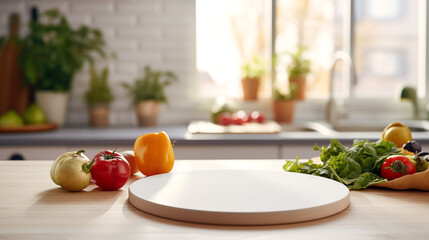 Kitchen table with a white round empty cutting board and vegetables, blurred kitchen in the background. Round podium for displaying products and goods.
