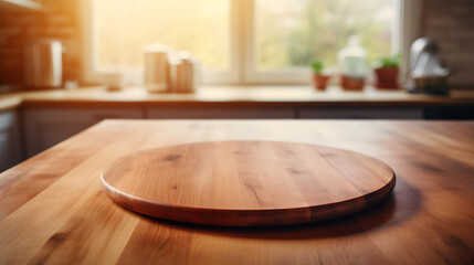 Kitchen table with a wooden round empty cutting board, blurred kitchen in the background. Round podium for displaying products and goods.