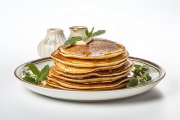 Wall Mural - Tasty pancakes on a porcelain platter against a white background