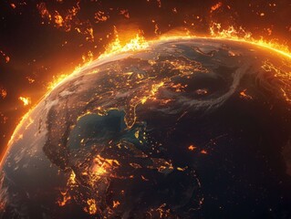 Stop global warming concept, the earth world is on fire in space from the heat