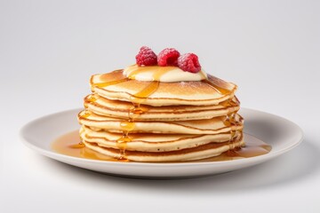 Wall Mural - Tasty pancakes on a porcelain platter against a white background