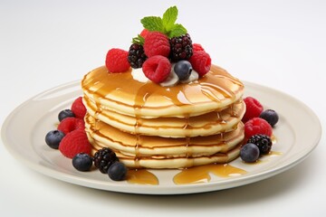 Wall Mural - Tasty pancakes on a porcelain platter against a white background