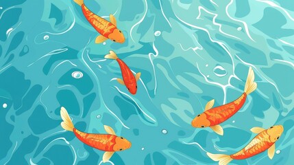 Wall Mural - Small Fish Swim Gracefully In The Clear Blue Water, Harmonizing With Nature'S Beauty, Cartoon ,Flat color
