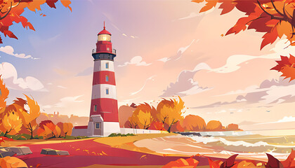 Wall Mural - Lighthouse Standing Against Autumn Backdrop Vector Art Background