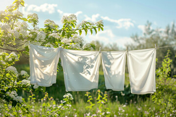 White laundry hanging on a clothesline against a background of summer nature 