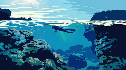Wall Mural - Some Small Rocks Hide Beneath The Water'S Surface, Creating Areas For Snorkelers And Divers To Explore, Cartoon ,Flat color
