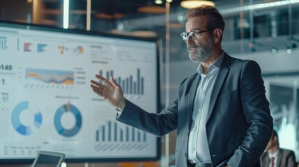 Poster - Conference Business Meeting Presentation: CEO Businessman Shows Data to Group of Investors, Businessspeople.