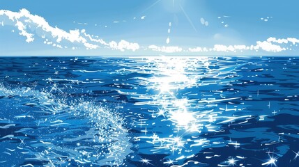 Wall Mural - Sunlight Shines Down On The Ocean, Making The Water Sparkle, Reflecting The Shimmering Blue Light, Cartoon ,Flat color