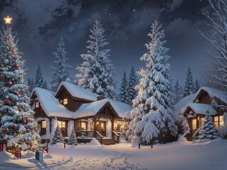 Wall Mural - Christmas Tree Illuminating a Winter Night in a Snowy Landscape with a Village