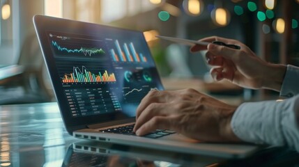 Aufkleber - Digital business marketing data management on virtual screen, Businessman use laptop work marketing analysis