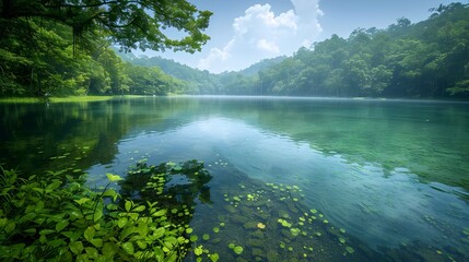 Canvas Print - Lush Greenery Enveloping a Pristine Lake Promoting Environmental Conservation