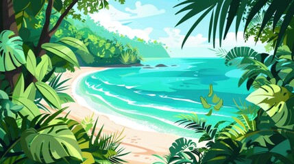 Wall Mural - Tropical Beach With Crystal Clear Turquoise Water, Lush Greenery Framing The Scene, Cartoon ,Flat color