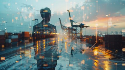 Aufkleber - Double exposure businessman standing with global business logistics system connection technology interface global partner connection ,