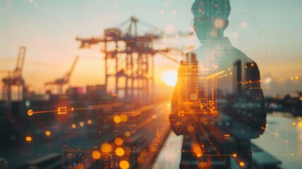 Aufkleber - Double exposure businessman standing with global business logistics system connection technology interface global partner connection ,