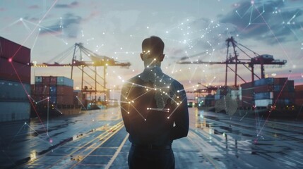 Aufkleber - Double exposure businessman standing with global business logistics system connection technology interface global partner connection ,