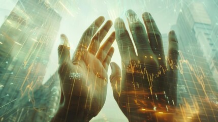 Aufkleber - Double exposure hands with stock market chart.