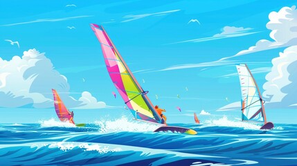 Wall Mural - Wind Surfers Gliding Over The Waves, Their Sails Brightly Colored, Cartoon ,Flat color