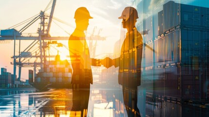 Poster - Double exposure of businessman and engineer wear a hardhat standing cargo at the container yard and greeting each other