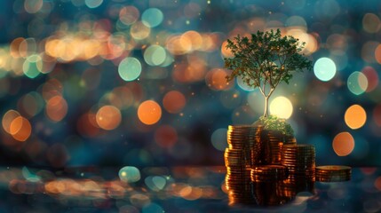 Poster - double exposure of golden coins stacks on table with tree growing on top and blur city night