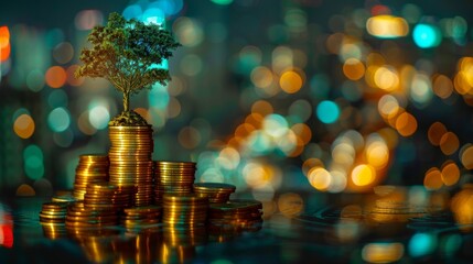 Poster - double exposure of golden coins stacks on table with tree growing on top and blur city night