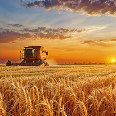 Combine harvester harvests ripe wheat. Ripe ears of gold field on the sunset cloudy orange sky background.