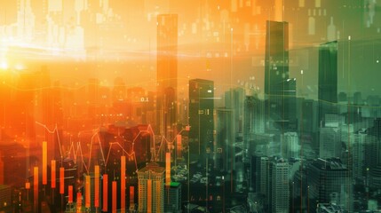 Poster - Economic crisis concept shown by declining graphs and digital indicators overlap modernistic city background.