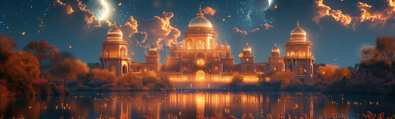 Wall Mural - 3D rendering of a fairy tale castle with sunset clouds and fireworks