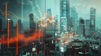 Poster - Economic crisis concept shown by declining graphs and digital indicators overlap modernistic city background.