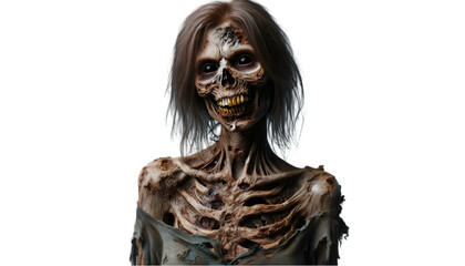 Wall Mural - Portrait of a Female Zombie with White Eyes on Transparent Background