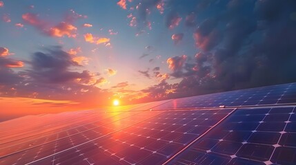 A vast solar panel array captures the energy of a vibrant sunset