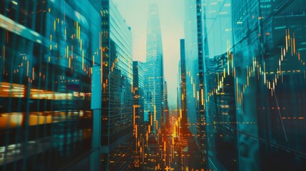 Poster - forex chart on cityscape with tall buildings background multi exposure.