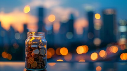 Poster - Gold coins and seed in clear bottle on cityscape photo blurred cityscape