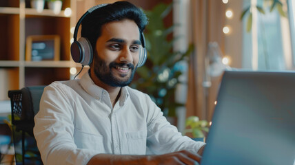 Young Indian man sit at desk wear wireless headphones greets teacher start video call lesson to gain new knowledge, learn language, studying online, using laptop and modern videoconference application