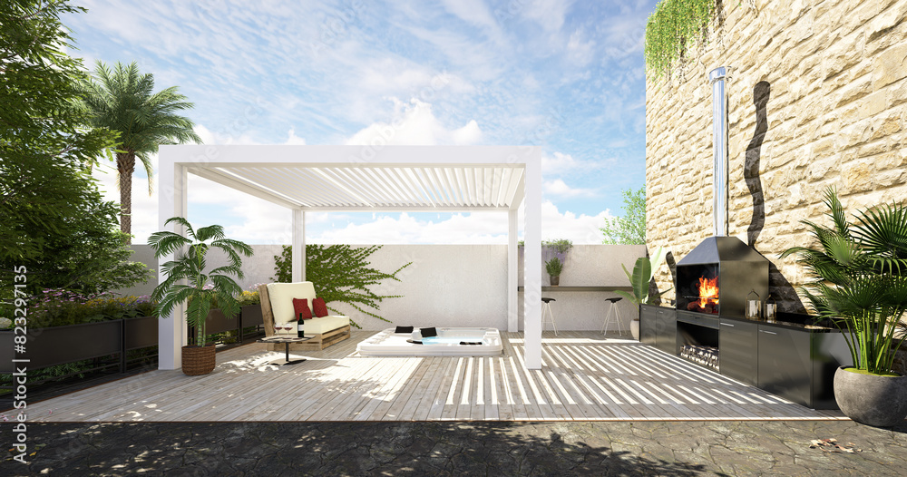3D illustration of modern urban patio with white bioclimatic pergola ...