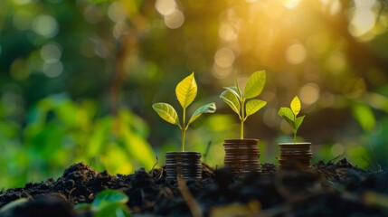 Poster - money growth concept,young plants growing up on stack of coins for saving and invesment