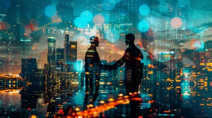 multi exposure investor business man shaking hand with partner for successful meeting with night city background,