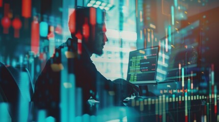 Aufkleber - Multi exposure of market chart with man working on computer