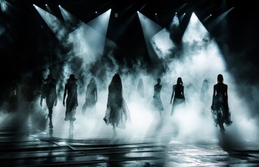 Wall Mural - A high-end fashion runway scene, with models walking on the stage, illuminated by spotlights and surrounded by smoke