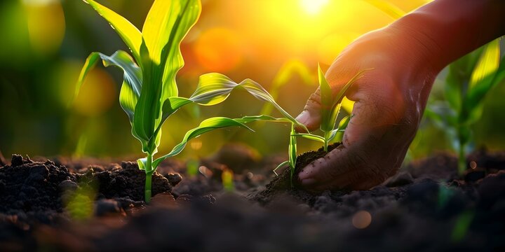 Tending to Corn Seedlings in Fertile Soil: Young Farmers at Work. Concept Agriculture, Farming, Young Farmers, Corn Seedlings, Fertile Soil
