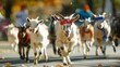 © decorator - Happy goats enjoying a marathon while wearing colorful headbands and looking cheerful