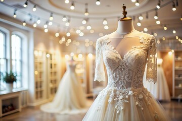 Rental and purchase of wedding dresses for events. Close-up. Elegant white wedding dress on a mannequin in a luxury bridal salon store.