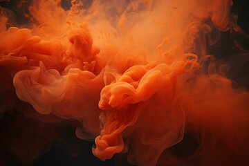 Poster - Vibrant orange ink cloud swirling in water with a dramatic dark backdrop